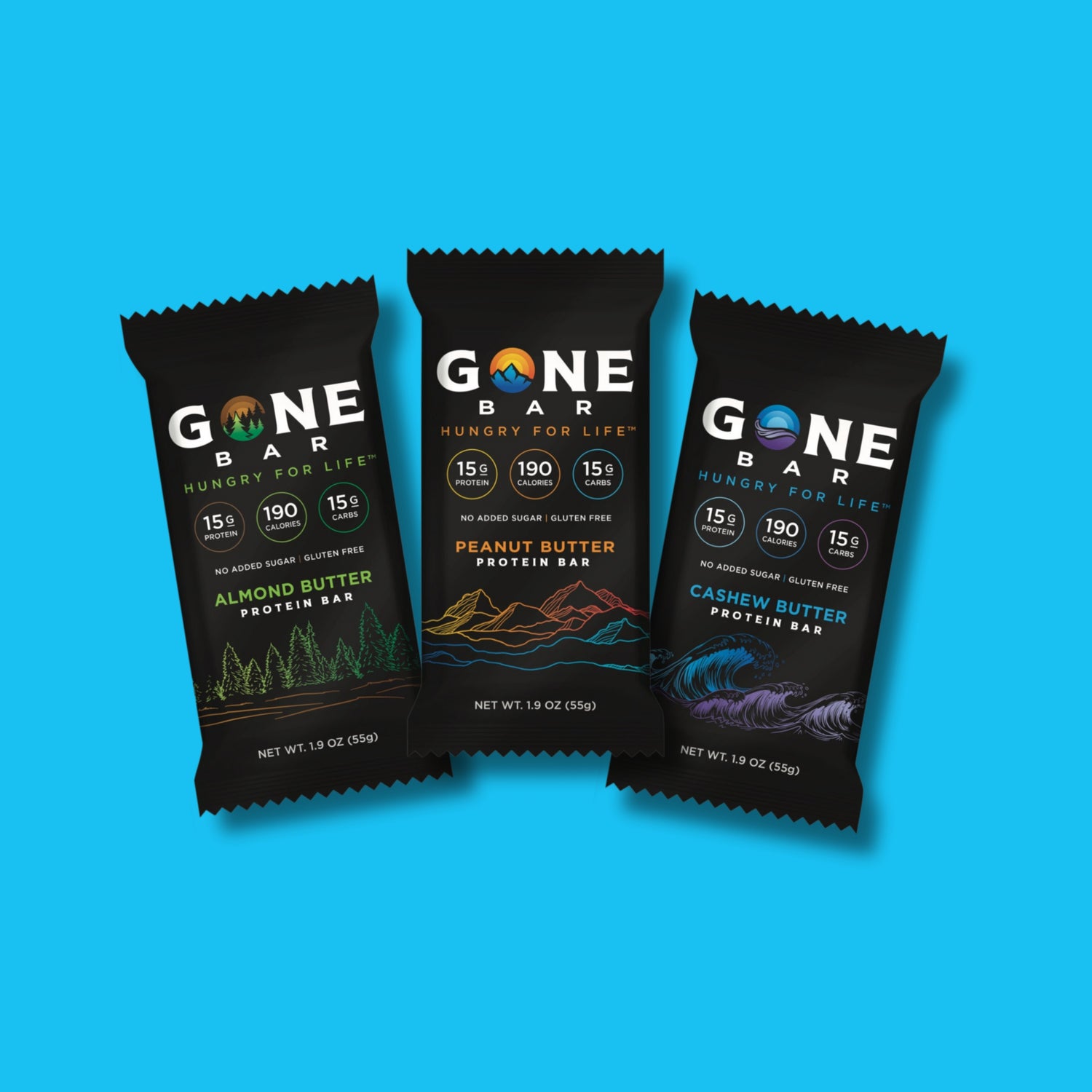 Three different flavors of Gone Bar showcased side by side - nutritious bars for on-the-go snacks during adventurous outdoor activities.